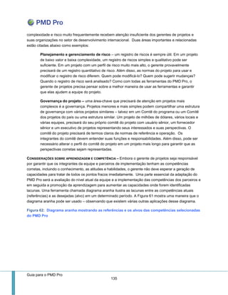 Guia para o PMD Pro 
135 
complexidade e risco muito frequentemente recebem atenção insuficiente dos gerentes de projetos e suas organizações no setor de desenvolvimento internacional. Duas áreas importantes e relacionadas estão citadas abaixo como exemplos: 
Planejamento e gerenciamento de risco – um registro de riscos é sempre útil. Em um projeto de baixo valor e baixa complexidade, um registro de riscos simples e qualitativo pode ser suficiente. Em um projeto com um perfil de risco muito mais alto, o gerente provavelmente precisará de um registro quantitativo de risco. Além disso, as normas do projeto para usar e modificar o registro de risco diferem. Quem pode modificá-lo? Quem pode sugerir mudanças? Quando o registro de risco será analisado? Como com todas as ferramentas do PMD Pro, o gerente de projetos precisa pensar sobre a melhor maneira de usar as ferramentas e garantir que elas ajudem a equipe do projeto. 
Governança do projeto – uma área-chave que precisará de atenção em projetos mais complexos é a governança. Projetos menores e mais simples podem compartilhar uma estrutura de governança com vários projetos similares – talvez em um Comtê do programa ou um Comitê dos projetos do país ou uma estrutura similar. Um projeto de milhões de dólares, vários locais e várias equipes, precisará do seu próprio comitê do projeto com usuário sênior, um fornecedor sênior e um executivo de projetos representando seus interessados e suas perspectivas. O comitê do projeto precisará de termos claros de normas de referência e operação. Os integrantes do comitê devem entender suas funções e responsabilidades. Além disso, pode ser necessário alterar o perfil do comitê do projeto em um projeto mais longo para garantir que as perspectivas corretas sejam representadas. 
CONSIDERAÇÕES SOBRE APRENDIZAGEM E COMPETÊNCIA – Embora o gerente de projetos seja responsável por garantir que os integrantes da equipe e parceiros de implementação tenham as competências corretas, incluindo o conhecimento, as atitudes e habilidades, o gerente não deve esperar a geração de capacidades para tratar de todos os pontos fracos imediatamente. Uma parte essencial da adaptação do PMD Pro será a avaliação do nível atual da equipe e a implementação das competências dos parceiros e em seguida a promoção da aprendizagem para aumentar as capacidades onde forem identificadas lacunas. Uma ferramenta chamada diagrama aranha ilustra as lacunas entre as competências atuais (referências) e as desejadas (alvo) em um determinado período. A Figura 61 mostra uma maneira que o diagrama aranha pode ser usado – observando que existem várias outras aplicações desse diagrama. 
Figura 62: Diagrama aranha mostrando as referências e os alvos das competências selecionadas do PMD Pro  
