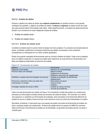 Guia para o PMD Pro 
29 
2.2.1.2 Análise de dados 
Embora o objetivo da coleta de dados seja explorar amplamente um grande número e uma grande variedade de questões, o objetivo da análise de dados é ordenar e organizar os dados brutos de modo que seja possível extrair informações úteis deles. Mais especificamente, os projetos de desenvolvimento tendem a se concentrar em duas categorias amplas de análise: 
1. Análise do estado atual. 
2. Análise do estado futuro. 
2.2.1.2.1 Análise do estado atual 
A análise do estado atual é o ponto inicial do design dos bons projetos. É o processo de compreensão do status, condições, tendências e principais problemas que afetam as pessoas e seus sustentos, ecossistemas ou instituições em um dado contexto geográfico. 
Existe uma grande variedade de ferramentas para se conduzir análises de dados. Cada uma é projetada para um objetivo específico e a equipe de projeto deve selecionar as suas técnicas e ferramentas com base nos objetivos pretendidos do exercício da análise. 
Figura 15: Ferramentas de análise Objetivo Ferramenta Organizar informações Matrizes de vulnerabilidade Priorizar dados de avaliação Mapas mentais Diagramas de afinidade Matrizes e exercícios de classificação Identificar o estado atual da prestação de serviços Análise da avaliação de deficiências Mapeamento Promover o raciocínio crítico por parte dos interessados no projeto Discussões em grupo Grupos focais Oficinas Investigar relações de causa e efeito Análise de campo de força Árvores de problemas 
Cada uma das ferramentas de análise da Figura 15 é importante e todas elas podem ser usadas para processar as informações reunidas através do processo de coleta de dados. Por exemplo, se a tarefa visa organizar ou classificar as informações de avaliação, será necessária uma ferramenta diferente de análise do que se o objetivo fosse promover mais raciocínio crítico por parte dos interessados no projeto. 
Na prática, entretanto, é improvável que uma equipe de projeto use todas as ferramentas de análise em todo e qualquer projeto que implementa. Embora não esteja dentro do escopo do PMD Pro examinar todas as técnicas e ferramentas de análise em profundidade, os gerentes de projetos devem se sentir à vontade para:  