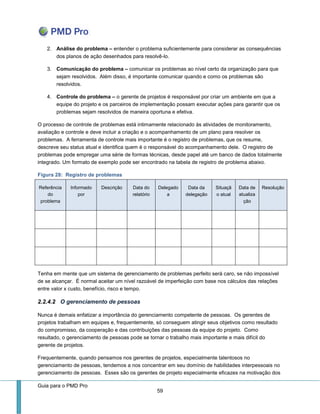 Guia para o PMD Pro 
59 
2. Análise do problema – entender o problema suficientemente para considerar as consequências dos planos de ação desenhados para resolvê-lo. 
3. Comunicação do problema – comunicar os problemas ao nível certo da organização para que sejam resolvidos. Além disso, é importante comunicar quando e como os problemas são resolvidos. 
4. Controle do problema – o gerente de projetos é responsável por criar um ambiente em que a equipe do projeto e os parceiros de implementação possam executar ações para garantir que os problemas sejam resolvidos de maneira oportuna e efetiva. 
O processo de controle de problemas está intimamente relacionado às atividades de monitoramento, avaliação e controle e deve incluir a criação e o acompanhamento de um plano para resolver os problemas. A ferramenta de controle mais importante é o registro de problemas, que os resume, descreve seu status atual e identifica quem é o responsável do acompanhamento dele. O registro de problemas pode empregar uma série de formas técnicas, desde papel até um banco de dados totalmente integrado. Um formato de exemplo pode ser encontrado na tabela de registro de problema abaixo. 
Figura 28: Registro de problemas Referência do problema Informado por Descrição Data do relatório Delegado a Data da delegação Situação atual Data de atualização Resolução 
Tenha em mente que um sistema de gerenciamento de problemas perfeito será caro, se não impossível de se alcançar. É normal aceitar um nível razoável de imperfeição com base nos cálculos das relações entre valor x custo, benefício, risco e tempo. 
2.2.4.2 O gerenciamento de pessoas 
Nunca é demais enfatizar a importância do gerenciamento competente de pessoas. Os gerentes de projetos trabalham em equipes e, frequentemente, só conseguem atingir seus objetivos como resultado do compromisso, da cooperação e das contribuições das pessoas da equipe do projeto. Como resultado, o gerenciamento de pessoas pode se tornar o trabalho mais importante e mais difícil do gerente de projetos. 
Frequentemente, quando pensamos nos gerentes de projetos, especialmente talentosos no gerenciamento de pessoas, tendemos a nos concentrar em seu domínio de habilidades interpessoais no gerenciamento de pessoas. Esses são os gerentes de projeto especialmente eficazes na motivação dos  