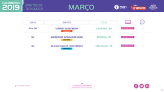 EVENTOS DE
TECNOLOGIA
VOLTAR PARA O ÍNDICE CLIQUE AQUI PARA BAIXAR
OS EVENTOS EM SUA AGENDA
16
DATA EVENTO
MARÇO
LOCAL
30 WORKSHOP SCRUM FOR LEGO BRASÍLIA . DF
30 SILICON VALLEY CONFERENCE SÃO PAULO . SP
AGILIDADE
INOVAÇÃO
-
-
ACESSE O SITE
ACESSE O SITE
29 a 30 SUMMIT LEADERSHIP JI PARANÁ . RO
LIDERANÇA
-ACESSE O SITE
 