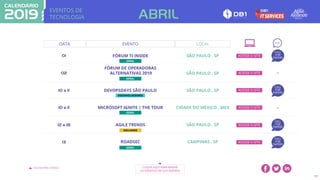 EVENTOS DE
TECNOLOGIA
VOLTAR PARA O ÍNDICE CLIQUE AQUI PARA BAIXAR
OS EVENTOS EM SUA AGENDA
17
DATA EVENTO
01 SÃO PAULO . SP
02 SÃO PAULO . SP
10 a 11 SÃO PAULO . SP
10 a 11 CIDADE DO MÉXICO . MEX
FÓRUM TI INSIDE
FÓRUM DE OPERADORAS
ALTERNATIVAS 2019
DEVOPSDAYS SÃO PAULO
MICROSOFT IGNITE | THE TOUR
GERAL
DESENVOLVEDORES
GERAL
ABRIL
-
-
LOCAL
ACESSE O SITE
ACESSE O SITE
ACESSE O SITE
ACESSE O SITE
CALL
FOR
PAPERS
CALL
FOR
PAPERS
GERAL
12 a 18 AGILE TRENDS SÃO PAULO . SP
13 ROADSEC CAMPINAS . SP
AGILIDADE
GERAL
ACESSE O SITE
ACESSE O SITE
CALL
FOR
PAPERS
CALL
FOR
PAPERS
 