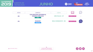 EVENTOS DE
TECNOLOGIA
VOLTAR PARA O ÍNDICE CLIQUE AQUI PARA BAIXAR
OS EVENTOS EM SUA AGENDA
27
DATA EVENTO
28
ECM MEETING GOVERNO &
ÓRGÃOS PÚBLICOS SÃO PAULO . SP
29 ROADSEC BELO HORIZONTE . BH
SEGURANÇA
JUNHO
-ACESSE O SITE
LOCAL
CALL
FOR
PAPERS
ACESSE O SITE
GERAL
 
