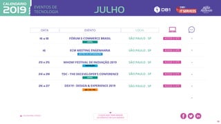 EVENTOS DE
TECNOLOGIA
VOLTAR PARA O ÍNDICE CLIQUE AQUI PARA BAIXAR
OS EVENTOS EM SUA AGENDA
28
DATA EVENTO
16 a 18 FÓRUM E-COMMERCE BRASIL SÃO PAULO . SP
16 ECM MEETING ENGENHARIA SÃO PAULO . SP
23 a 25 WHOW! FESTIVAL DE INOVAÇÃO 2019 SÃO PAULO . SP
24 a 28 TDC - THE DECEVELOPER’S CONFERENCE SÃO PAULO . SP
26 a 27 DEX19 - DESIGN & EXPERIENCE 2019 SÃO PAULO . SP
GESTÃO DA INFORMAÇÃO
INOVAÇÃO
UX / CX / PX
JULHO
-
-
-
-
-
-
ACESSE O SITE
ACESSE O SITE
ACESSE O SITE
ACESSE O SITE
ACESSE O SITE
LOCAL
GERAL
GERAL
 