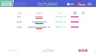 EVENTOS DE
TECNOLOGIA
VOLTAR PARA O ÍNDICE CLIQUE AQUI PARA BAIXAR
OS EVENTOS EM SUA AGENDA
33
DATA EVENTO
16 a 17 IT FORUM X SÃO PAULO . SP
23 a 25 .NET DEVELOPER DAYS WARSZAWA - POL
31 a 02 INTERACTION LATIN AMERICA - ILA MEDELLÍN - COL
LIDERANÇA
DESENVOLVEDORES
UX / CX / PX
OUTUBRO
-
-
-
ACESSE O SITE
ACESSE O SITE
ACESSE O SITE
LOCAL
 