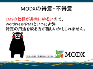MODXの得意・不得意
CMSの仕様が非常にゆるいので、
WordPressやMTといったように
特定の用途を絞る方が難しいかもしれません。
※大人の事情で画像を加工しております。
 