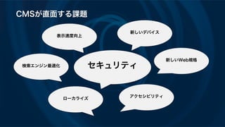 CMSが直面する課題
セキュリティ
表示速度向上
検索エンジン最適化
新しいWeb規格
ローカライズ
新しいデバイス
アクセシビリティ
 