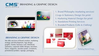 BRANDING & GRAPHIC DESIGN
We offer services of Brand creation, marketing
strategy and development, logo design,
graphic charter, business card, letterhead,
stationery, corporate folder designs, brochure,
flyers, magazine, out-door poster, invitations,
promotional product, signage, packaging.
BRANDING & GRAPHIC DESIGN
1. Brand Philosophy (marketing services)
2.Logo & Stationery Design (for print)
3. Marketing Material Design (for print)
4. Standalone Printing Services
5. Branded Products (Gifts & Clothing)
Marketing Material Design
 