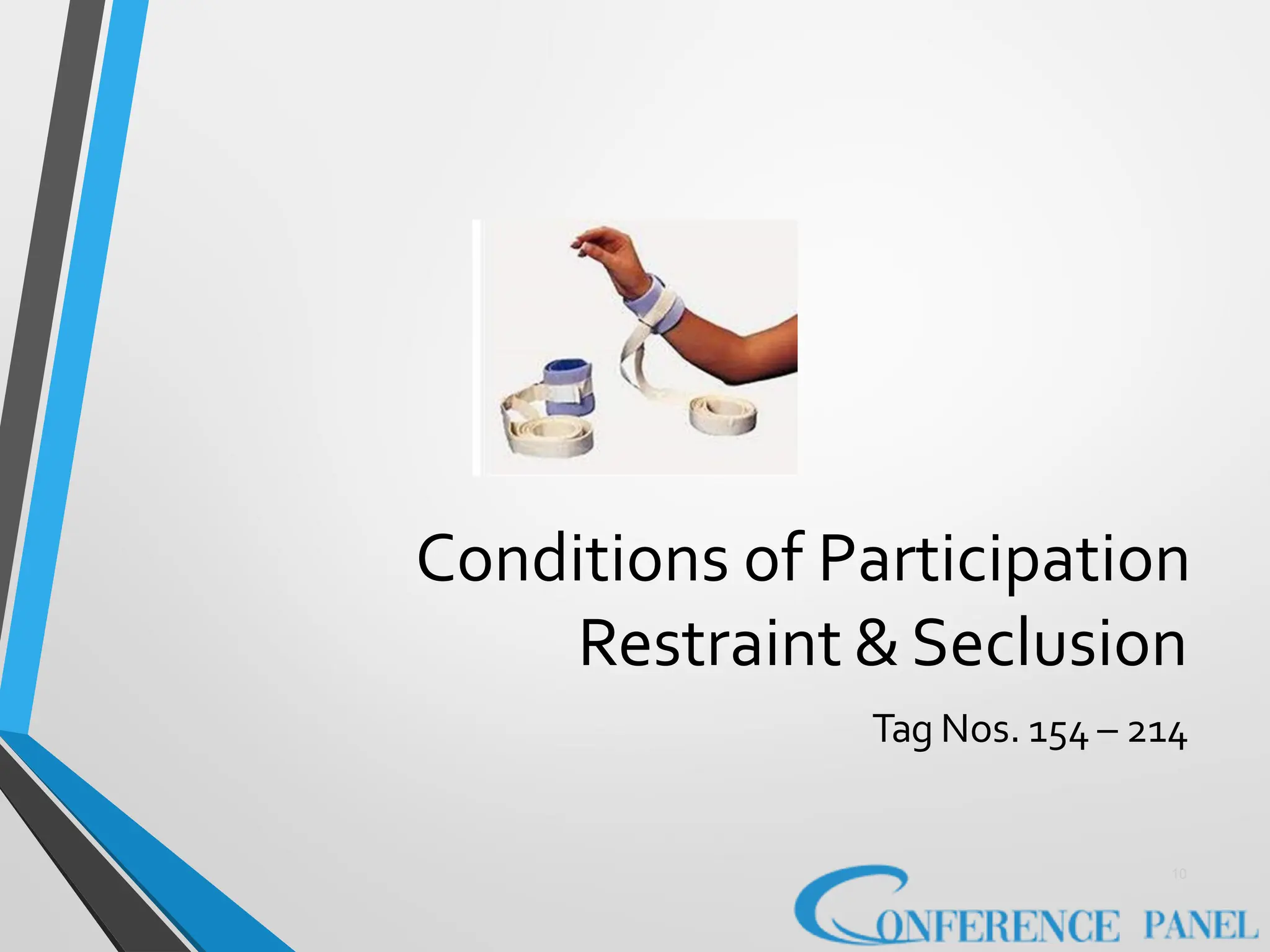 Conditions of Participation
Restraint &Seclusion
Tag Nos. 154 – 214
10
 