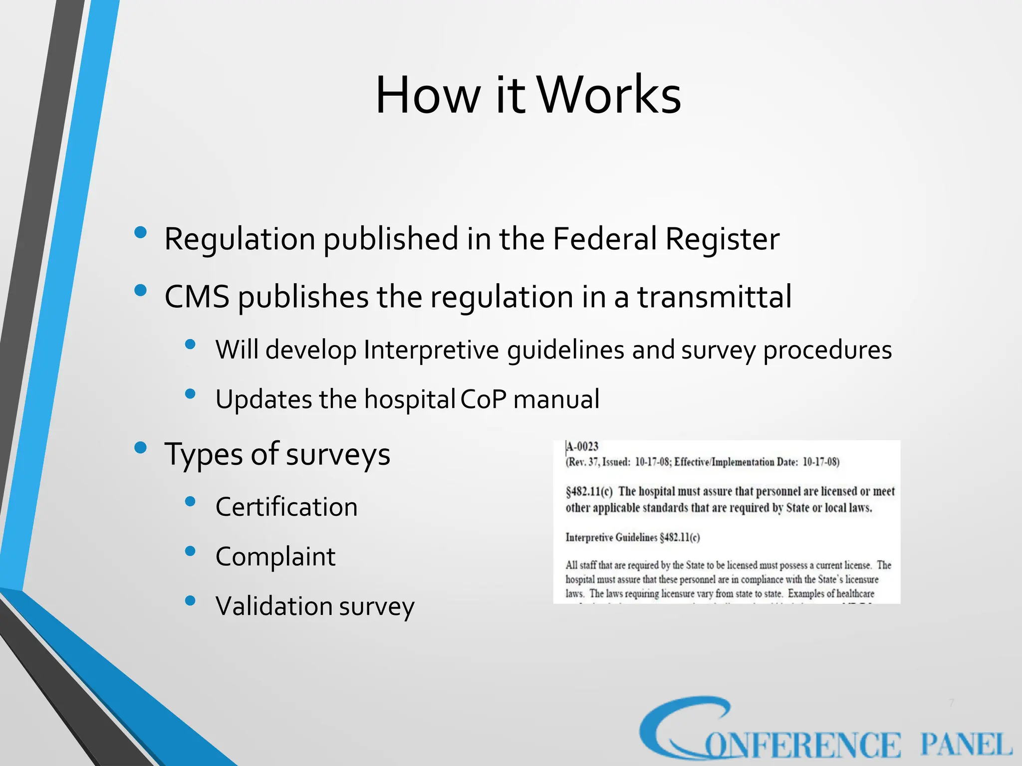 How itWorks
• Regulation published in the Federal Register
• CMS publishes the regulation in a transmittal
• Will develop Interpretive guidelines and survey procedures
• Updates the hospitalCoP manual
• Types of surveys
• Certification
• Complaint
• Validation survey
7
 