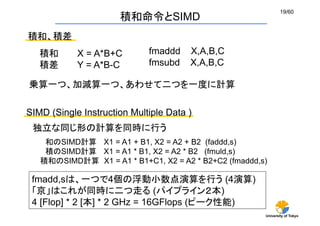 University of Tokyo
19/60	
積和、積差	
積和　　　X = A*B+C
積差　　　Y = A*B-C	
fmaddd X,A,B,C
fmsubd X,A,B,C
乗算一つ、加減算一つ、あわせて二つを一度に計算
積和命...