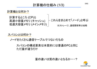 University of Tokyo
5/60	
計算機とは何か？	
計算するところ (CPU)
高速小容量メモリ (キャッシュ)
低速大容量メモリ (メインメモリ)
これらをまとめて「ノード」と呼ぶ	
スパコンとは何か？	
※ストレージ、通...