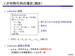 （18/55）
A が対称行列の場合（続き）
• Lanczos 過程
・ ただし，an = hnn, bn = hn+1,n = hn,n+1 とおいた
• Lanczos 過程の特徴
・ qn と qn–1 のみから qn+1 が求まる（3項間漸化式）
・ 1反復あたりの演算量は n によらず一定
新たなベクトルの生成（空間の拡張）
直交化
正規化
 