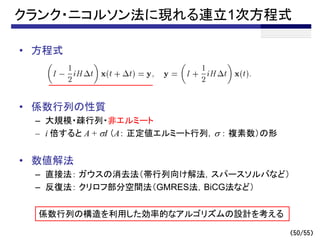 クランク・ニコルソン法に現れる連立1次方程式
• 方程式
• 係数行列の性質
– 大規模・疎行列・非エルミート
– i 倍すると A + sI （A： 正定値エルミート行列，s ： 複素数）の形
• 数値解法
– 直接法： ガウスの消去法（帯行列向け解法，スパースソルバなど）
– 反復法： クリロフ部分空間法（GMRES法，BiCG法など）
係数行列の構造を利用した効率的なアルゴリズムの設計を考える
（50/55）
 