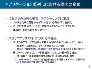 10
アプリケーション並列化における要求の変化
• これまでの並列化研究： 弱スケーリングに重点
– ノード当たりの問題サイズが一定という条件下で並列化
– ノード数を増やすとともに，問題サイズもどんどん大きくする
– 比較的，並列性能を出しやすい
• エクサフロップス時代における問題点
– すべてのアプリで問題サイズ拡大が求められているわけではない
• 問題サイズは固定し，モデルを精密化したい場合
• 問題サイズは固定し，時間ステップを増やしたい場合（分子動力学など）
– 弱スケーリングでは，ノード数増加につれて計算時間も増加
• 多くの場合，演算量は問題サイズに対して線形より速く増加
• エクサフロップスマシンの性能を引き出せる問題サイズでは，計算時間
が長くなり過ぎて実用的でなくなる場合も
 