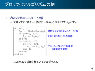 16
ブロック化アルゴリズムの例
• ブロック化コレスキー分解
– ブロックサイズを L= (M/3)1/2，第 (I, J) ブロックを AIJ とする
– LAPACKで採用されているアルゴリズム
do K=1, n/L
AKK := Cholesky(AKK)
do I=K+1, n/L
AIK := AIKAKK
-T
end do
do J=K+1, n/L
do I=J, n/L
AIJ := AIK AJK
T
end do
end do
end do
対角ブロックのコレスキー分解
ブロックピボット列の作成
ブロックどうしの行列乗算
（演算の主要部）
 