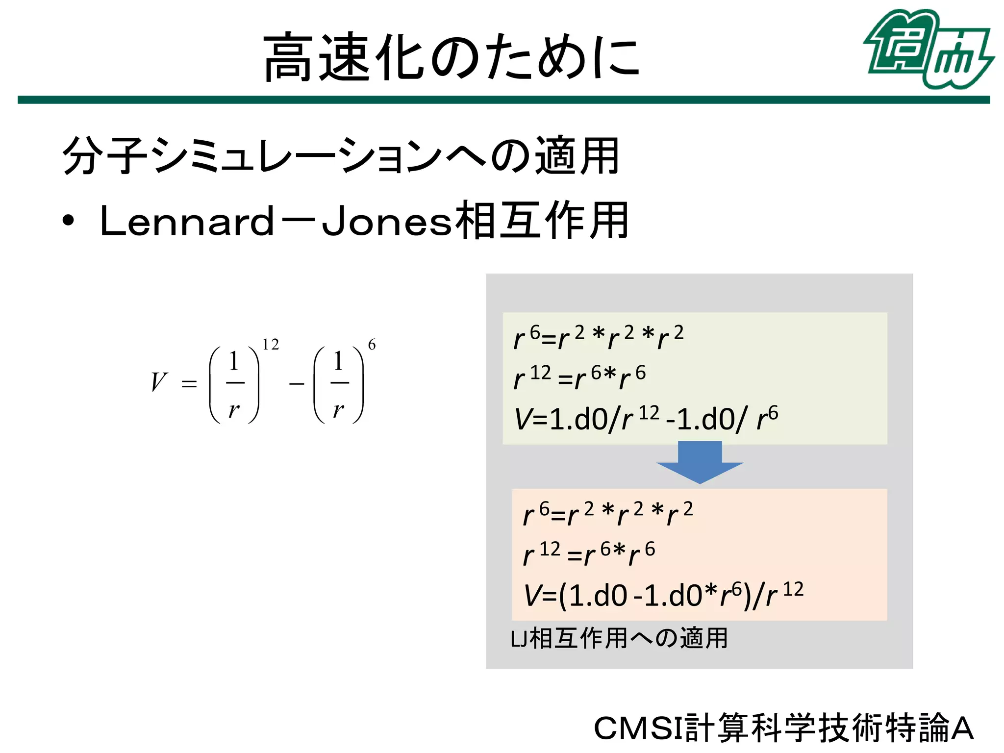 高速化のために
分子シミュレーションへの適用
• Ｌｅｎｎａｒｄ－Ｊｏｎｅｓ相互作用
ＣＭＳＩ計算科学技術特論Ａ
r 6=r 2 *r2 *r 2
r 12 =r 6*r 6
V=1.d0/r 12 -1.d0/ r6
r 6=r 2 *r2 *r 2
r 12 =r 6*r 6
V=(1.d0-1.d0*r6)/r 12
LJ相互作用への適用
12 6
1 1
V
r r
   
    
   
 