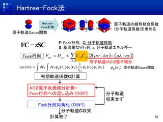 原子軌道Gauss関数
Hartree-
Fock計算
Hartree-Fock法
10
     

 
,,
||2
i
iiCCHF
原子軌道(AO)2電子積分
εSCFC 
Fock行列
F: Fock行列, C: 分子軌道係数
S: 基底重なり行列, e: 分子軌道エネルギー
初期軌道係数C計算
AO２電子反発積分計算+
Fock行列への足し込み (O(N4))
Fock行列対角化 (O(N3))
計算終了
分子軌道C収束
分子軌道
収束せず
𝜇𝜈|𝜆𝜎 = 𝑑𝒓1 𝑑𝒓2 𝜙 𝜇 𝒓1 𝜙 𝜈 𝒓1
1
𝑟12
𝜙 𝜆 𝒓2 𝜙 𝜎 𝒓2 𝜙 𝜇 𝒓1 : 原子軌道Gauss関数
原子軌道の線形結合係数
(分子軌道係数)を求める
 