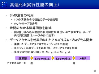 高速化4(実行性能の向上)
• SIMD演算の利用
– 1つの演算命令で複数のデータを処理
– do、forループを多用
• 時間のかかる演算回数を削減
– 割り算、組み込み関数の利用回数削減 (まとめて演算する、ループ
内で同じ演算はループの外に出す)
• データアクセスを効率的にしたアルゴリズム・プログラム開発
– 連続したデータアクセスでキャッシュミスの削減
– キャッシュ内のデータを再利用し、メモリアクセスを削減
– 多次元配列の取り扱い 例：A(x, y, z) or A(z, y, x)
20
アクセススピード 速 遅
演算器 L2キャッシュ メモリL1キャッシュ
 