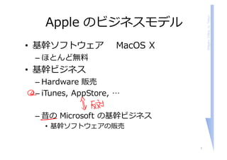 ShigeruChiba,U.Tokyo
Apple のビジネスモデル
• 基幹ソフトウェア MacOS X
– ほとんど無料
• 基幹ビジネス
– Hardware 販売
– iTunes, AppStore, …
– 昔の Microsoft の基幹ビジネス
• 基幹ソフトウェアの販売
7
 
