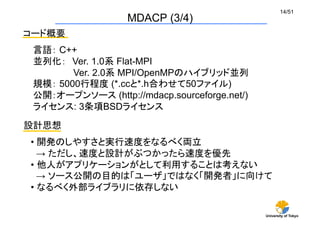 University of Tokyo
14/51	
MDACP (3/4)	
コード概要	
言語： C++
並列化：　Ver. 1.0系 Flat-MPI
　　　　　　 Ver. 2.0系 MPI/OpenMPのハイブリッド並列
規模： 5000行程度 (*.ccと*.h合わせて50ファイル)
公開：オープンソース (http://mdacp.sourceforge.net/)
ライセンス: 3条項BSDライセンス	
設計思想	
• 開発のしやすさと実行速度をなるべく両立
→ ただし、速度と設計がぶつかったら速度を優先	
•  他人がアプリケーションがとして利用することは考えない
→ ソース公開の目的は「ユーザ」ではなく「開発者」に向けて	
•  なるべく外部ライブラリに依存しない	
 