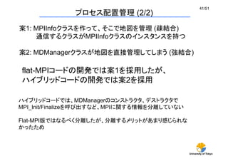 University of Tokyo
41/51	
プロセス配置管理 (2/2)	
案1: MPIInfoクラスを作って、そこで地図を管理 (疎結合)
通信するクラスがMPIInfoクラスのインスタンスを持つ	
案2: MDManagerクラスが地図を直接管理してしまう (強結合)	
flat-MPIコードの開発では案1を採用したが、
ハイブリッドコードの開発では案2を採用
ハイブリッドコードでは、MDManagerのコンストラクタ、デストラクタで
MPI_Init/Finalizeを呼び出すなど、MPIに関する情報を分離していない
Flat-MPI版ではなるべく分離したが、分離するメリットがあまり感じられな
かったため
 