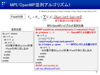 9
MPI/OpenMP並列アルゴリズム1
!$OMP parallel do schedule(dynamic,1) reduction(+:Fock)
do =nbasis, 1, -1 <-- OpenMPによる振り分け
do =1,...