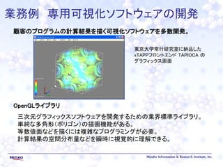 業務例 専用可視化ソフトウェアの開発
顧客のプログラムの計算結果を描く可視化ソフトウェアを多数開発。
OpenGLライブラリ
三次元グラフィックスソフトウェアを開発するための業界標準ライブラリ。
単純な多角形（ポリゴン）の描画機能がある。
等数値面などを描くには複雑なプログラミングが必要。
計算結果の空間分布量などを瞬時に視覚的に理解できる。
東京大学常行研究室に納品した
xTAPPフロントエンド TAPIOCA の
グラフィックス画面
 