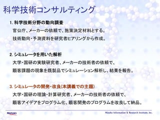 科学技術コンサルティング
1. 科学技術分野の動向調査
官公庁、メーカーの依頼で、施策決定材料とする。
技術動向・予測資料を研究者ヒアリングから作成。
2. シミュレータを用いた解析
大学・国研の実験研究者、メーカーの技術者の依頼で、
顧客課題の現象を既製品でシミュレーション解析し、結果を報告。
3. シミュレータの開発・改良(本講義での主題)
大学・国研の理論・計算研究者、メーカーの技術者の依頼で、
顧客アイデアをプログラム化、顧客開発のプログラムを改良して納品。
 