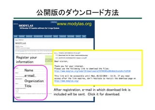 公開版のダウンロード方法
After registration, e-mail in which download link is
included will be sent. Click it for download.
www.modyla...