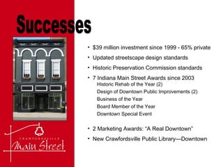 $39 million investment since 1999 - 65% private Updated streetscape design standards Historic Preservation Commission standards 7 Indiana Main Street Awards since 2003 2 Marketing Awards: “A Real Downtown” New Crawfordsville Public Library—Downtown  Successes Historic Rehab of the Year (2) Design of Downtown Public Improvements (2) Business of the Year Board Member of the Year Downtown Special Event 