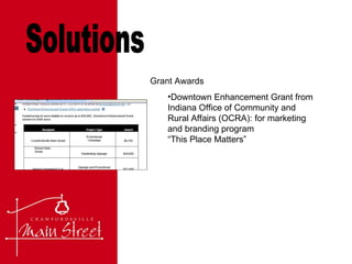 Solutions Grant Awards Downtown Enhancement Grant from Indiana Office of Community and Rural Affairs (OCRA): for marketing and branding program  “This Place Matters” 