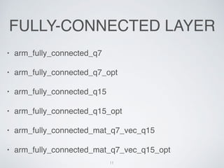FULLY-CONNECTED LAYER
? arm_fully_connected_q7
? arm_fully_connected_q7_opt
? arm_fully_connected_q15
? arm_fully_connected_q15_opt
? arm_fully_connected_mat_q7_vec_q15
? arm_fully_connected_mat_q7_vec_q15_opt
11
 