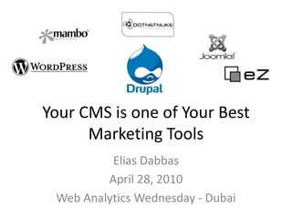 Your CMS is one of Your Best Marketing Tools,[object Object],Elias Dabbas,[object Object],April 28, 2010,[object Object],Web Analytics Wednesday - Dubai,[object Object]
