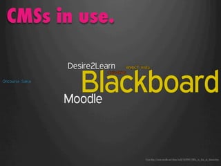 CMSs in use.




               From http://www.wordle.net/show/wrdl/1674941/CMSs_in_Use_at_Universities
 