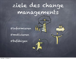 ziele des change
                            managements

                      #informieren

                      #motivieren

                      #befähigen




Samstag, 13. Oktober 12
 