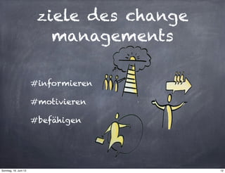 ziele des change
managements
#informieren
#motivieren
#befähigen
12Sonntag, 16. Juni 13
 