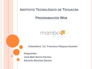 INSTITUTO TECNOLÓGICO DE TEHUACÁN
PROGRAMACIÓN WEB
Catedrático: Lic. Francisco Vázquez Guzmán
Integrantes:
José Abel García Herrera
Eduardo Sánchez Garzón