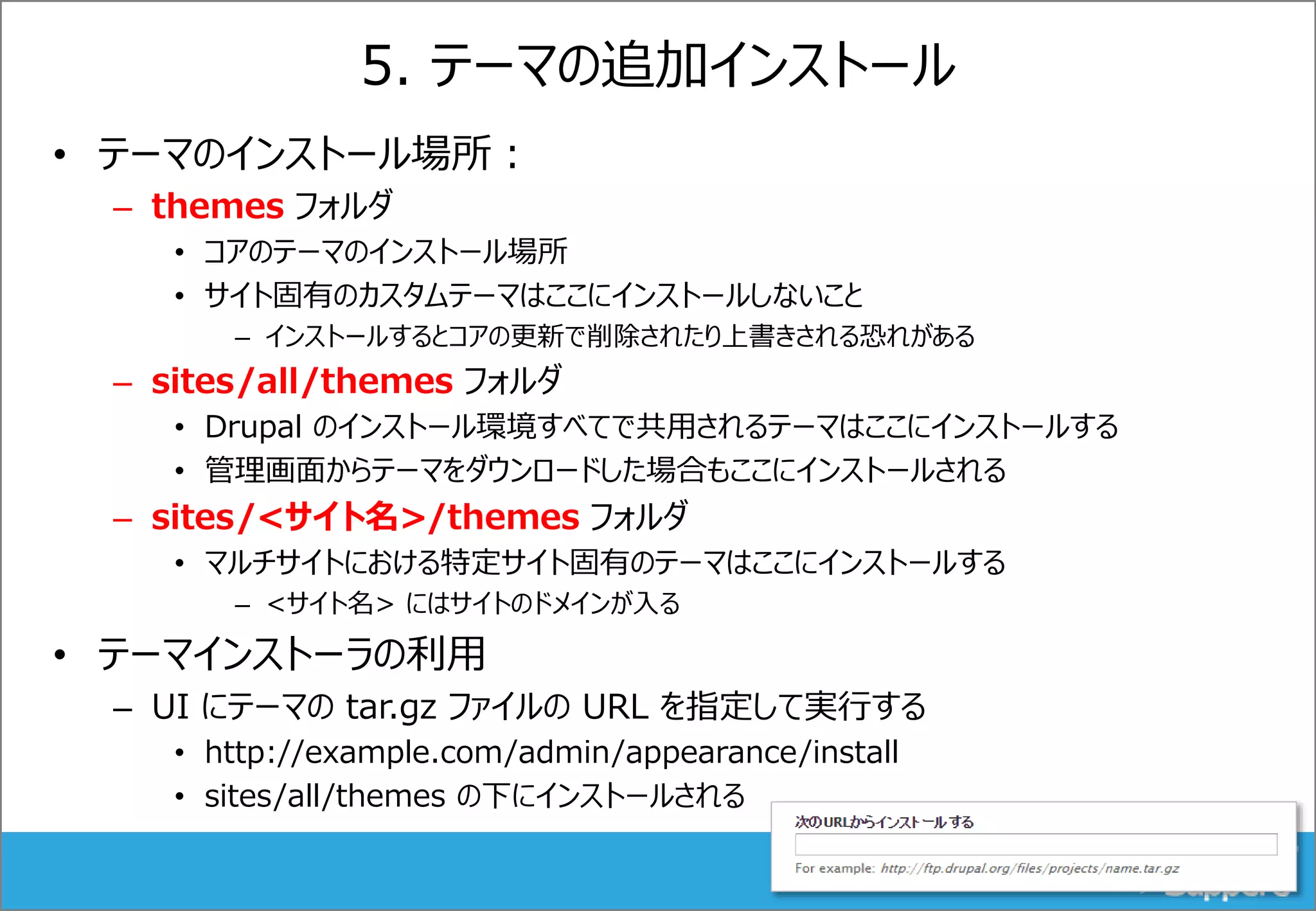 5. テーマの追加インストール
• テーマのインストール場所：
– themes フォルダ
• コアのテーマのインストール場所
• サイト固有のカスタムテーマはここにインストールしないこと
– インストールするとコアの更新で削除されたり上書きされる恐れがある
– sites/all/themes フォルダ
• Drupal のインストール環境すべてで共用されるテーマはここにインストールする
• 管理画面からテーマをダウンロードした場合もここにインストールされる
– sites/<サイト名>/themes フォルダ
• マルチサイトにおける特定サイト固有のテーマはここにインストールする
– <サイト名> にはサイトのドメインが入る
• テーマインストーラの利用
– UI にテーマの tar.gz ファイルの URL を指定して実行する
• http://example.com/admin/appearance/install
• sites/all/themes の下にインストールされる
 