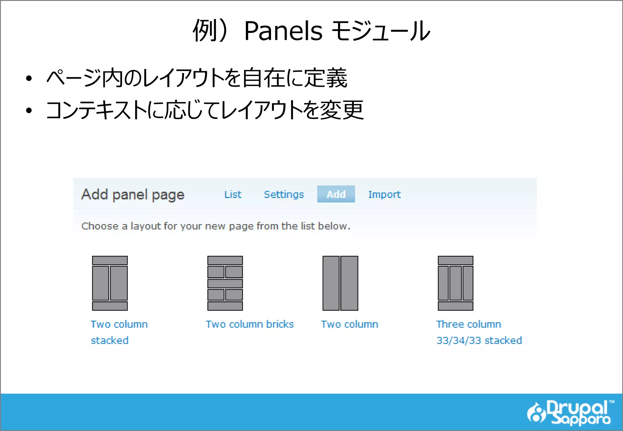 例）Panels モジュール
• ページ内のレイアウトを自在に定義
• コンテキストに応じてレイアウトを変更
 