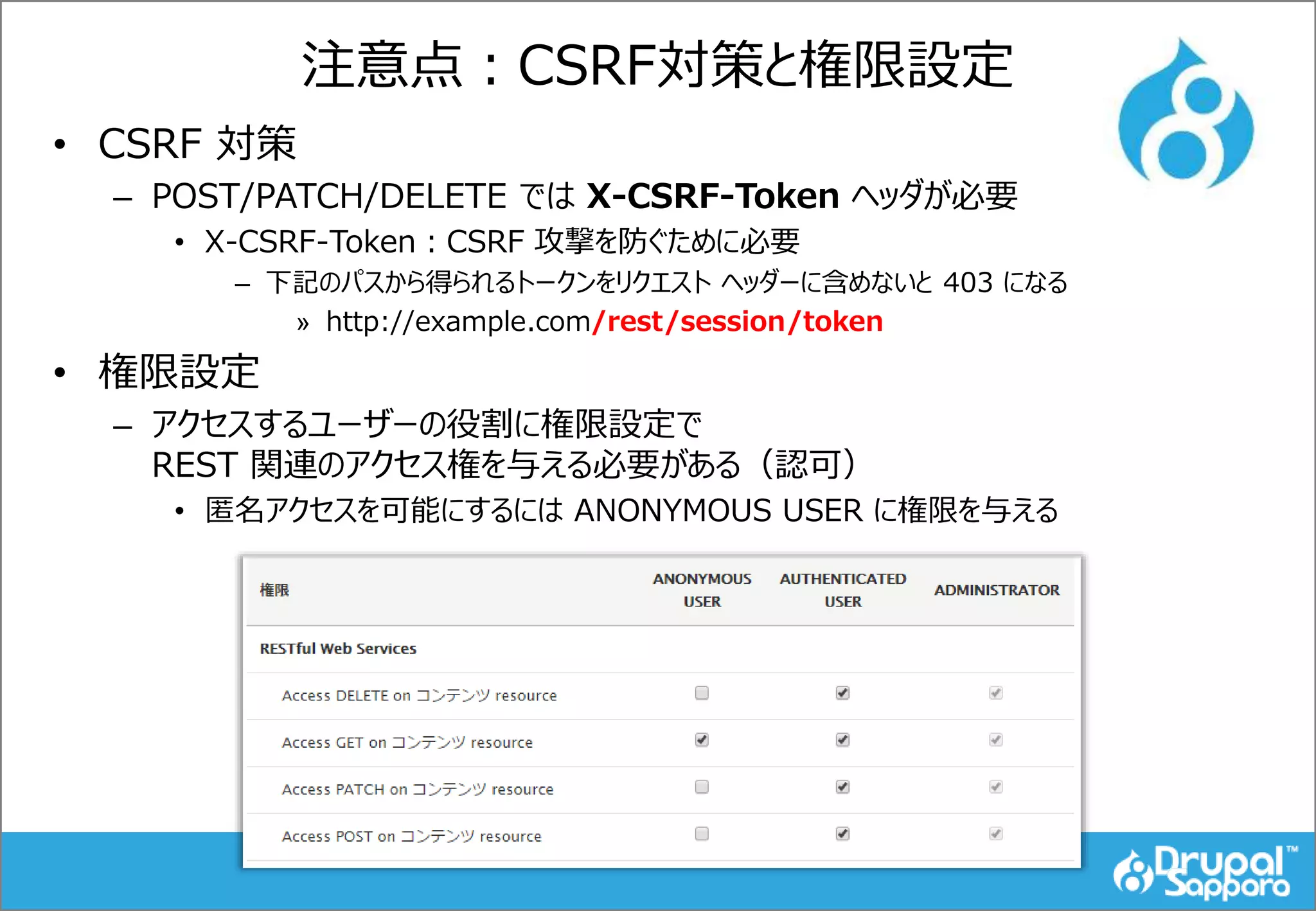 注意点：CSRF対策と権限設定
• CSRF 対策
– POST/PATCH/DELETE では X-CSRF-Token ヘッダが必要
• X-CSRF-Token：CSRF 攻撃を防ぐために必要
– 下記のパスから得られるトークンをリクエスト ヘッダーに含めないと 403 になる
» http://example.com/rest/session/token
• 権限設定
– アクセスするユーザーの役割に権限設定で
REST 関連のアクセス権を与える必要がある（認可）
• 匿名アクセスを可能にするには ANONYMOUS USER に権限を与える
 