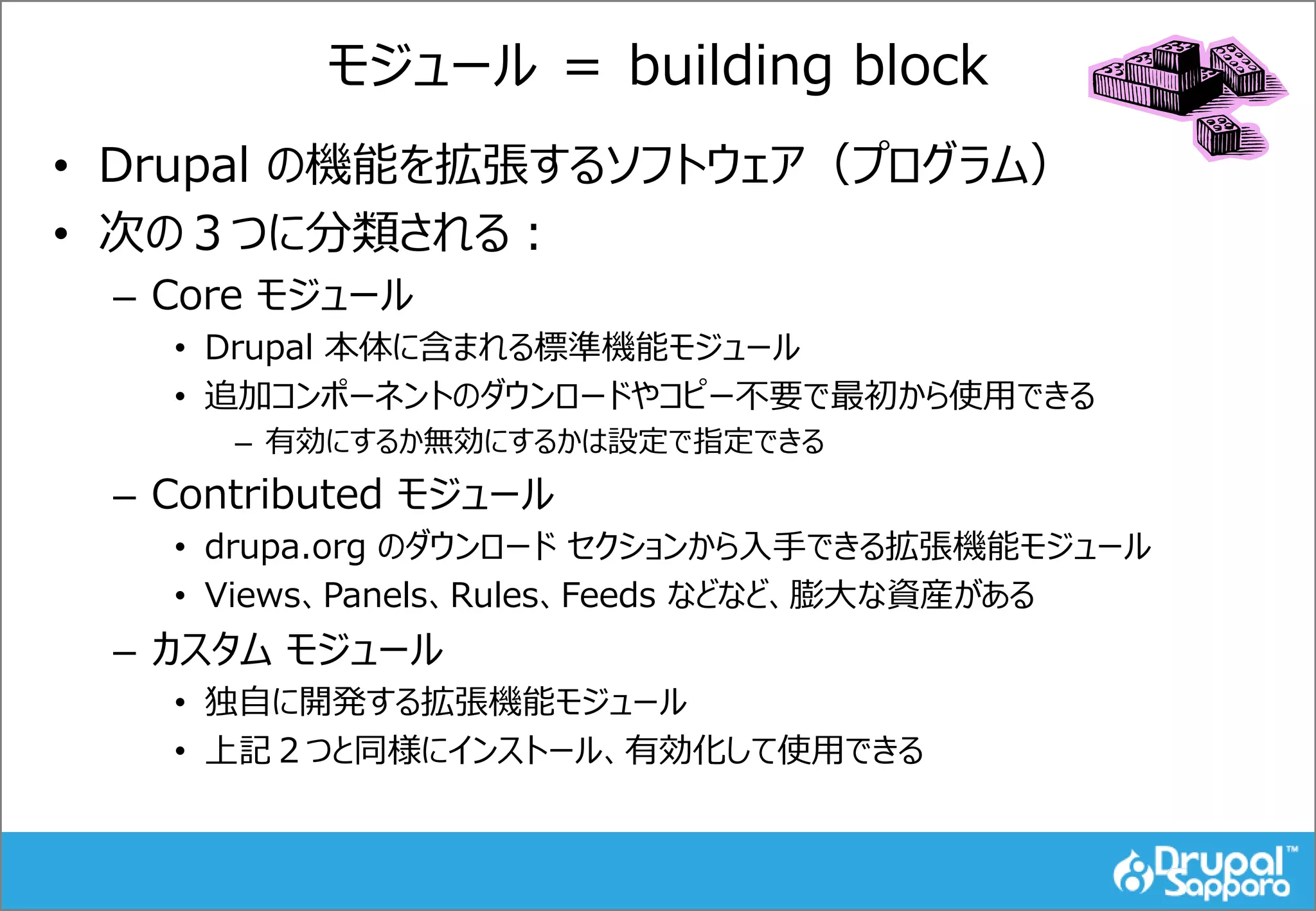 モジュール ＝ building block
• Drupal の機能を拡張するソフトウェア（プログラム）
• 次の３つに分類される：
– Core モジュール
• Drupal 本体に含まれる標準機能モジュール
• 追加コンポーネントのダウンロードやコピー不要で最初から使用できる
– 有効にするか無効にするかは設定で指定できる
– Contributed モジュール
• drupa.org のダウンロード セクションから入手できる拡張機能モジュール
• Views、Panels、Rules、Feeds などなど、膨大な資産がある
– カスタム モジュール
• 独自に開発する拡張機能モジュール
• 上記２つと同様にインストール、有効化して使用できる
 