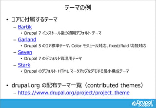 テーマの例
• コアに付属するテーマ
– Bartik
• Drupal 7 インストール後の初期デフォルト テーマ
– Garland
• Drupal 5 のコア標準テーマ、Color モジュール対応、fixed/fluid 切替対応
– Seven
• Drupal 7 のデフォルト管理用テーマ
– Stark
• Drupal のデフォルト HTML マークアップをデモする最小構成テーマ
• drupal.org の配布テーマ一覧（contributed themes）
– https://www.drupal.org/project/project_theme
 