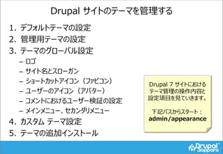 Drupal サイトのテーマを管理する
1. デフォルトテーマの設定
2. 管理用テーマの設定
3. テーマのグローバル設定
– ロゴ
– サイト名とスローガン
– ショートカットアイコン（ファビコン）
– ユーザーのアイコン（アバター）
– コメントにおけるユーザー検証の設定
– メインメニュー、セカンダリメニュー
4. カスタム テーマ設定
5. テーマの追加インストール
Drupal 7 サイトにおける
テーマ管理の操作内容と
設定項目を見ていきます。
下記パスからスタート：
admin/appearance
 