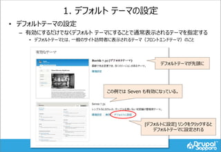 1. デフォルト テーマの設定
• デフォルトテーマの設定
– 有効にするだけでなくデフォルト テーマにすることで通常表示されるテーマを指定する
• デフォルトテーマとは、一般のサイト訪問者に表示されるテーマ（フロントエンドテーマ）のこと
デフォルトテーマが先頭に
この例では Seven も有効になっている。
[デフォルトに設定] リンクをクリックすると
デフォルトテーマに設定される
 