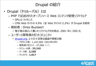 Drupal の紹介
• Drupal（ドゥルーパル）とは
– PHP で記述されたオープンソース Web コンテンツ管理ソフトウェア
• GPLv2 ライセンス
• CMS Web サイトの 4.9%（全 Web サイトの 2.2%）が Drupal を使用
– 創始者：Dries Buytaert
• 電子掲示板として書いたソフトウェアが出発点、2001 年に OSS 化
– ユーザーと開発者の巨大コミュニティ
• drupal.org 上で日々活発な議論や情報交換
– アカウント数：1,167,000（2015年3月）
– 開発者アカウント：37,000（〃）
– モジュール数：33,310
– テーマ数：2,258
– ディストリ：1,017
 
