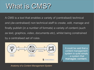 What is CMS?
A CMS is a tool that enables a variety of (centralised) technical
and (de-centralised) non technical staff to create, edit, manage and
finally publish (in a number of formats) a variety of content (such
as text, graphics, video, documents etc), whilst being constrained
by a centralised set of rules.


                                                 It could be said that a
                                                 content management
                                                 system is quite simply
                                                     - a system that
                                                 manages content.

    Anatomy of a Content Management System
 
