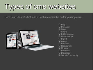 Types of cms websites
Here is an idea of what kind of website could be building using cms.

                                                  Blog
                                                  Personal
                                                  News
                                                  Sports
                                                  E-Commerce
                                                  Membership
                                                  Brand
                                                  Autos
                                                  Portfolio
                                                  Restaurant
                                                  Movies
                                                  Business
                                                  Download
                                                  Social Community
 