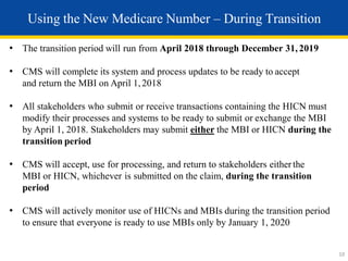 • The transition period will run from April 2018 through December 31, 2019
• CMS will complete its system and process updates to be ready to accept
and return the MBI on April 1,2018
• All stakeholders who submit or receive transactions containing the HICN must
modify their processes and systems to be ready to submit or exchange the MBI
by April 1, 2018. Stakeholders may submit either the MBI or HICN during the
transition period
• CMS will accept, use for processing, and return to stakeholders either the
MBI or HICN, whichever is submitted on the claim, during the transition
period
• CMS will actively monitor use of HICNs and MBIs during the transition period
to ensure that everyone is ready to use MBIs only by January 1, 2020
Using the New Medicare Number – During Transition
10
 