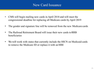 New Card Issuance
• CMS will begin mailing new cards in April 2018 and will meet the
congressional deadline for replacing all Medicare cards by April 2019
• The gender and signature line will be removed from the new Medicarecards
• The Railroad Retirement Board will issue their new cards to RRB
beneficiaries
• We will work with states that currently include the HICN on Medicaid cards
to remove the Medicare ID or replace it with an MBI
21
 