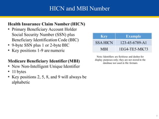HICN and MBI Number
Health Insurance Claim Number (HICN)
• Primary Beneficiary Account Holder
Social Security Number (SSN) plus
Beneficiary Identification Code (BIC)
• 9-byte SSN plus 1 or 2-byte BIC
• Key positions 1-9 are numeric
Medicare Beneficiary Identifier (MBI)
• New Non-Intelligent Unique Identifier
• 11 bytes
• Key positions 2, 5, 8, and 9 will always be
alphabetic
Note: Identifiers are fictitious and dashes for
display purposes only; they are not stored in the
database nor used in file formats
7
 